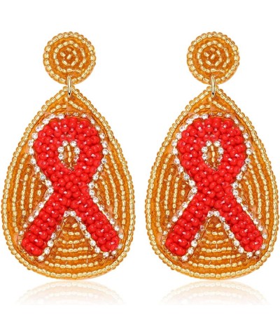 AIDS HIV Awareness Earrings Red Ribbon Earrings for Women Beaded Teardrop Dangle Earrings HIV Heart Disease Inspirational Gif...