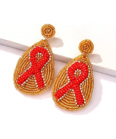 AIDS HIV Awareness Earrings Red Ribbon Earrings for Women Beaded Teardrop Dangle Earrings HIV Heart Disease Inspirational Gif...