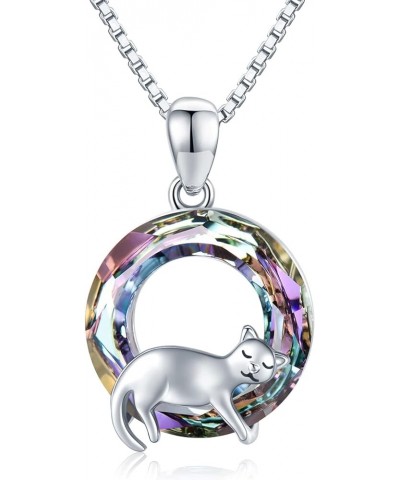 Cat Necklace 925 Sterling Silver Cute Animal Pendant Necklace with Crystal Cat Jewelry Gifts for Women Girls Cat Lovers C02-P...