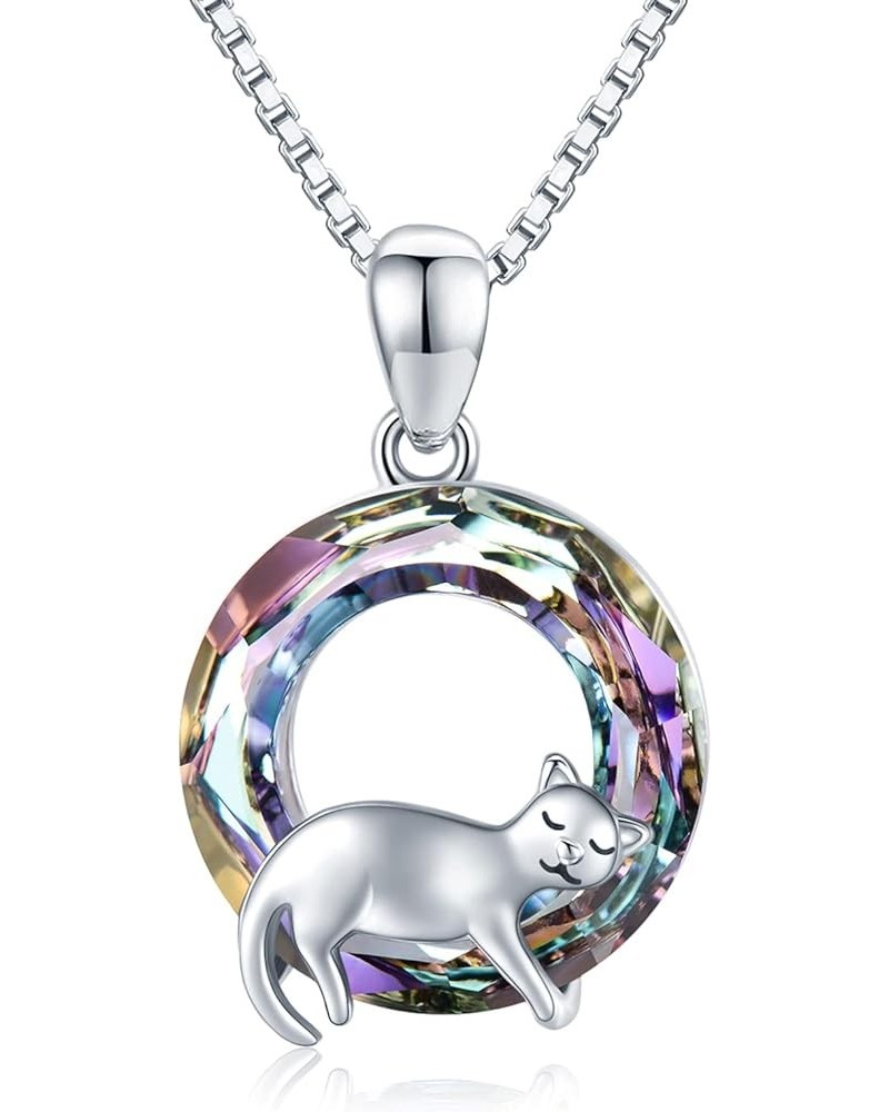 Cat Necklace 925 Sterling Silver Cute Animal Pendant Necklace with Crystal Cat Jewelry Gifts for Women Girls Cat Lovers C02-P...