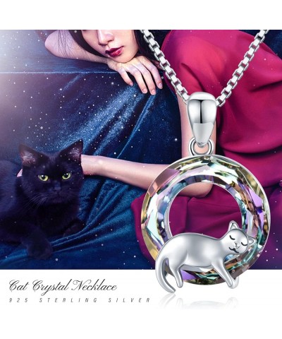 Cat Necklace 925 Sterling Silver Cute Animal Pendant Necklace with Crystal Cat Jewelry Gifts for Women Girls Cat Lovers C02-P...