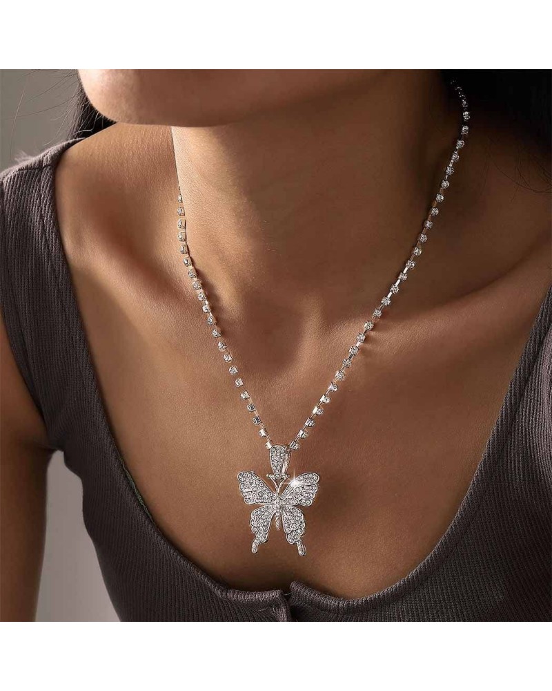 Rhinestone Butterfly Choker Necklace Silver Butterfly Pendant Necklaces Sparkly Tennis Chain Neck Jewelry for Women and Girls...