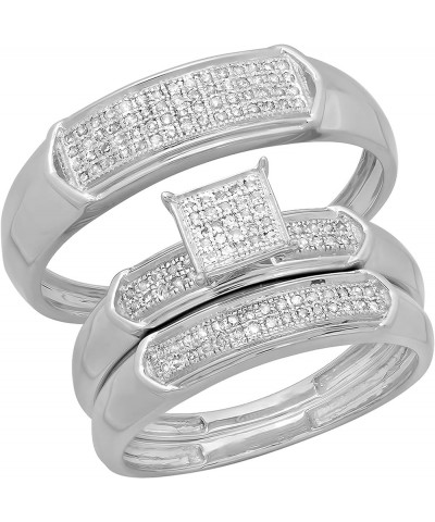 0.30 Carat (ctw) Round White Diamond Men & Women's Micro Pave Trio Bridal Wedding Set 1/3 CT, 14K White Gold womens size 9.5 ...