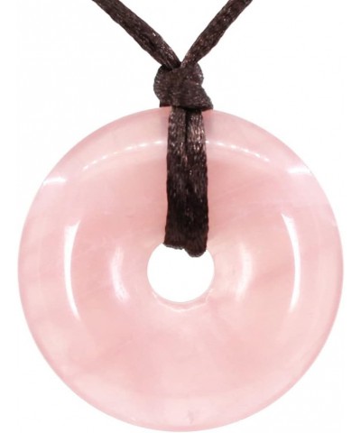 Semi Precious Gemstones 40mm Circle Peace Donut Beads Pendant Brown Braided Rope Necklace A Grade Rose Quartz $10.43 Necklaces