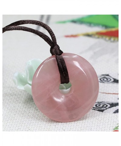 Semi Precious Gemstones 40mm Circle Peace Donut Beads Pendant Brown Braided Rope Necklace A Grade Rose Quartz $10.43 Necklaces