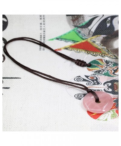 Semi Precious Gemstones 40mm Circle Peace Donut Beads Pendant Brown Braided Rope Necklace A Grade Rose Quartz $10.43 Necklaces