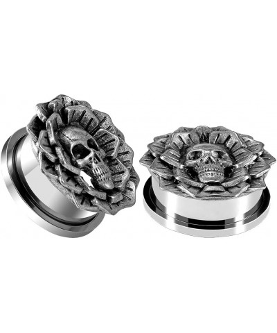 Skull Flower Ear Gauges Piercing Tunnels Flesh Plugs Screw Back Silver Stretchers Expander 2g to 1 inch. S8396 9/16"(14mm) $9...