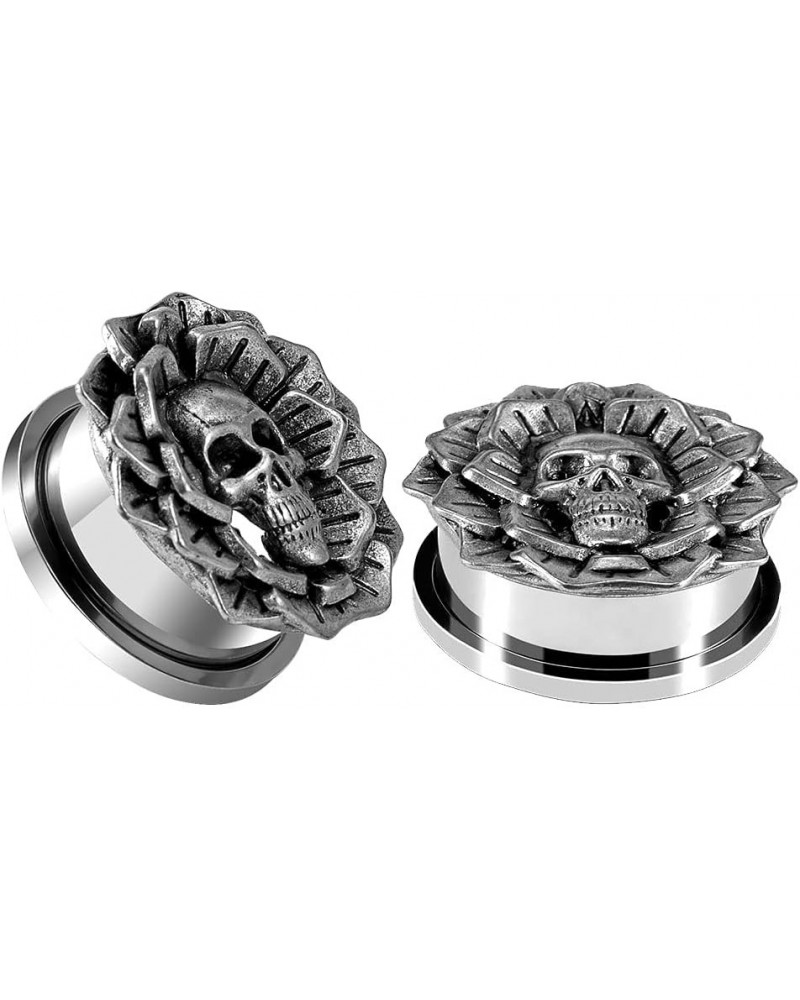 Skull Flower Ear Gauges Piercing Tunnels Flesh Plugs Screw Back Silver Stretchers Expander 2g to 1 inch. S8396 9/16"(14mm) $9...