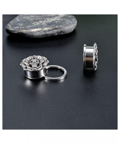 Skull Flower Ear Gauges Piercing Tunnels Flesh Plugs Screw Back Silver Stretchers Expander 2g to 1 inch. S8396 9/16"(14mm) $9...