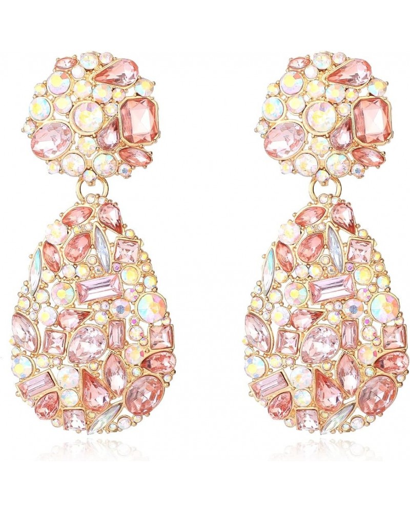 Crystals Teardrop Dangle Statement Earrings, Rhinestone Chandelier Fashion Earrings for Women Pink $9.45 Earrings