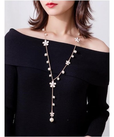 Designer Long Pearl Necklaces Women Pearl Five Petal Flower Sweater Chain for Party，Vintage Costume Jewelry white $11.20 Neck...