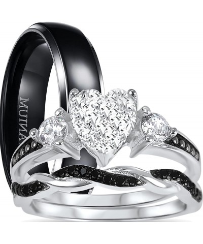 His and Hers 3 Piece Trio Sterling Silver Black Wedding Band Engagement Ring Set Her 4 - His 10 $38.95 Sets