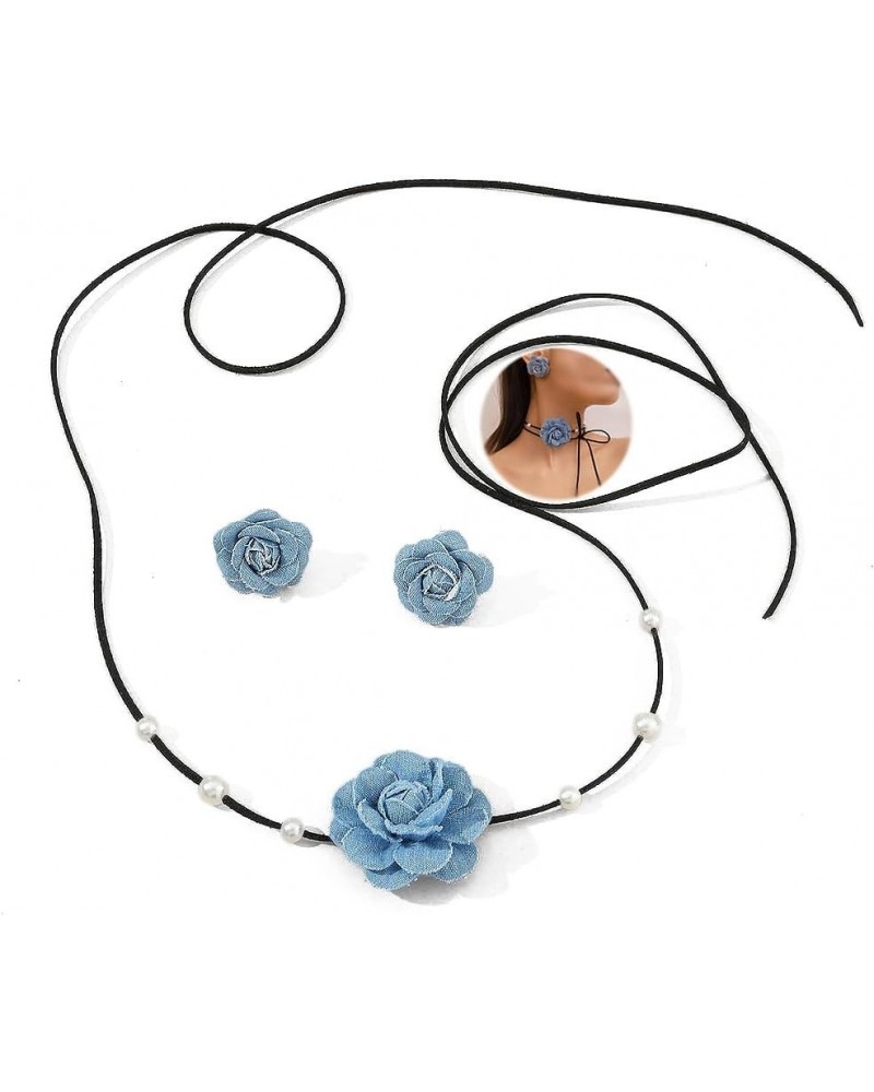 Vintage Denim Flower Choker Necklace with Faux pearl Artificial Floral Rose Collar Neck Chain Beach Wedding Bridal Long Wrap ...