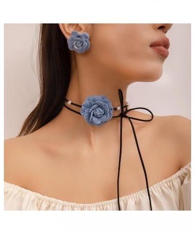 Vintage Denim Flower Choker Necklace with Faux pearl Artificial Floral Rose Collar Neck Chain Beach Wedding Bridal Long Wrap ...