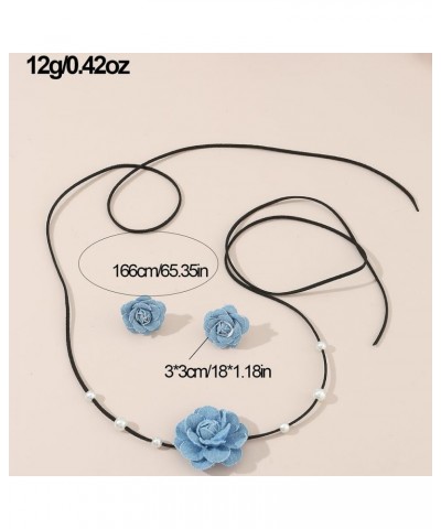 Vintage Denim Flower Choker Necklace with Faux pearl Artificial Floral Rose Collar Neck Chain Beach Wedding Bridal Long Wrap ...