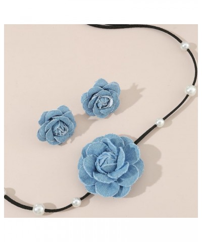 Vintage Denim Flower Choker Necklace with Faux pearl Artificial Floral Rose Collar Neck Chain Beach Wedding Bridal Long Wrap ...