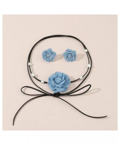 Vintage Denim Flower Choker Necklace with Faux pearl Artificial Floral Rose Collar Neck Chain Beach Wedding Bridal Long Wrap ...