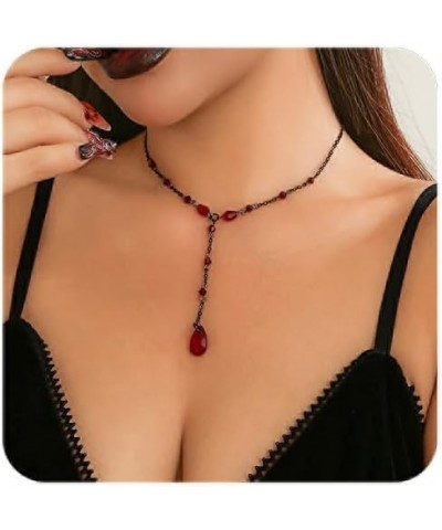 Retro Gothic Blood Drop Y-Shaped Necklace Black/Red Crystal Teardrop Pendant Necklace Y2k Grunge Necklace Halloween Cosplay J...