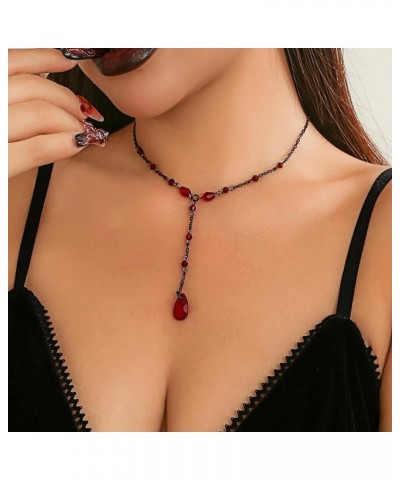 Retro Gothic Blood Drop Y-Shaped Necklace Black/Red Crystal Teardrop Pendant Necklace Y2k Grunge Necklace Halloween Cosplay J...