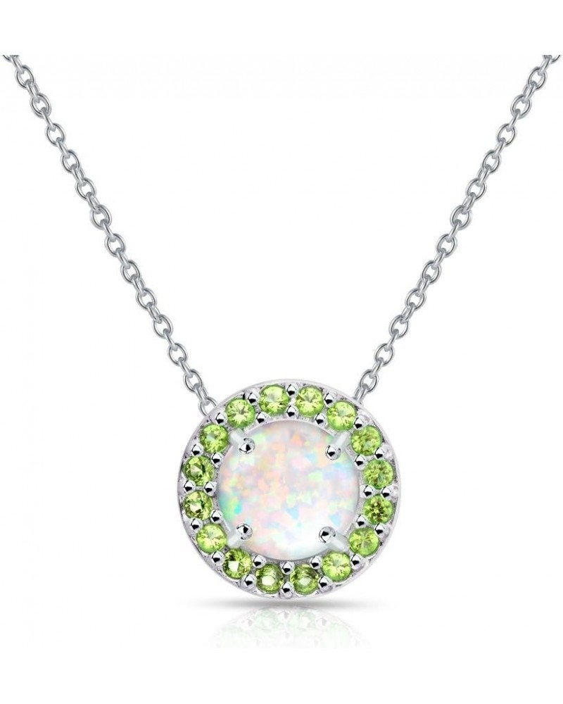 Sterling Silver Synthetic White Opal and Simulated Gemstone Round Dainty Halo Necklace for Women Girls Bridesmaids Simulated ...