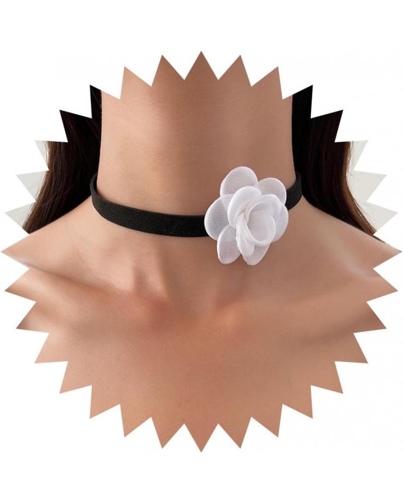 Black Velvet Flower Choker Necklace Vintage White Rose Flower Collar Necklace Satin Camellia Flower Lace-up Necklace Gothic S...