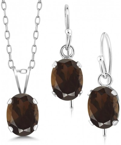 925 Sterling Silver Brown Smoky Quartz Pendant and Earrings Jewelry Set For Women (2.25 Cttw, Oval 7X5MM, Gemstone Birthstone...