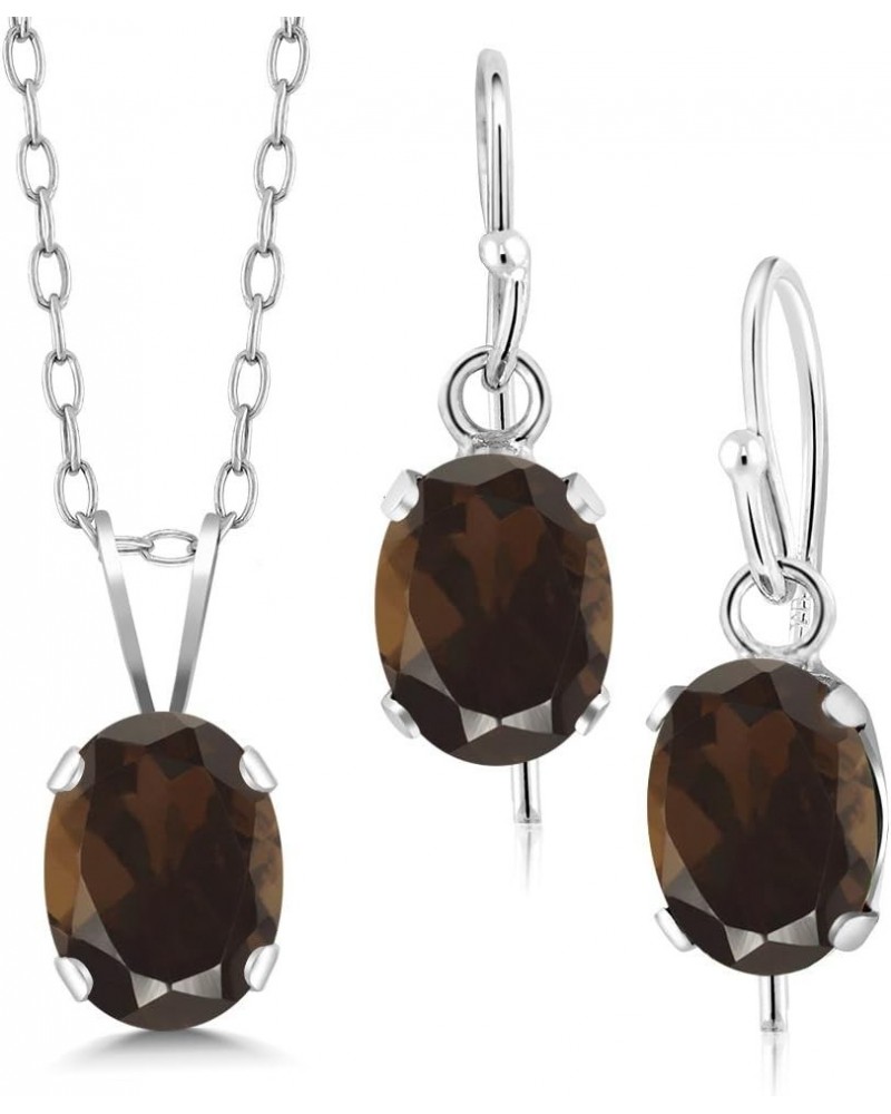 925 Sterling Silver Brown Smoky Quartz Pendant and Earrings Jewelry Set For Women (2.25 Cttw, Oval 7X5MM, Gemstone Birthstone...