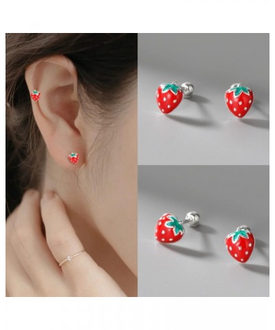 20g Dainty Strawberry Fruits Stud Earrings 925 Sterling Silver Hypoallergenic Small Stud Cartilage Earring for Women Girls Re...