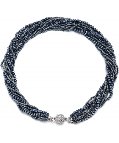 Multi-Layer Beads Crystal Braided Chain Choker Collar Magnetic Clasp,Statement Necklace, Bracelet D-Necklace Dark Blue Color ...