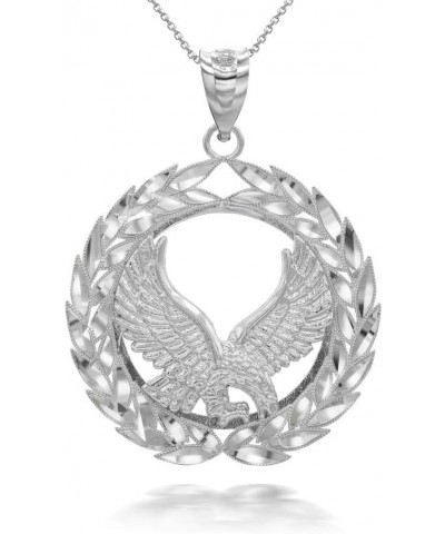 .925 Sterling Silver 1.30" Patriotic USA American Eagle with Olive Wreath Peace Round Pendant Necklace - Choice of Chain Leng...