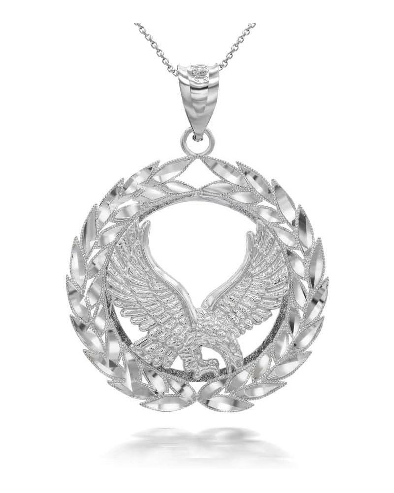 .925 Sterling Silver 1.30" Patriotic USA American Eagle with Olive Wreath Peace Round Pendant Necklace - Choice of Chain Leng...