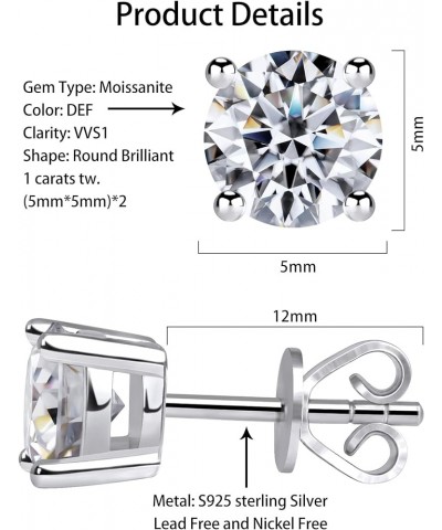 Moissanite Stud Earrings for Women Men, Nickel Free S925 Sterling Silver Hypoallergenic Earrings, 1ct - 2ct D Color VVS1 Clar...