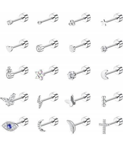 20Pcs Stainless Steel Flat Back Earrings for Women Men 20G Small Cartilage Stud Earrings Hypoallergenic CZ Butterfly Heart Ey...