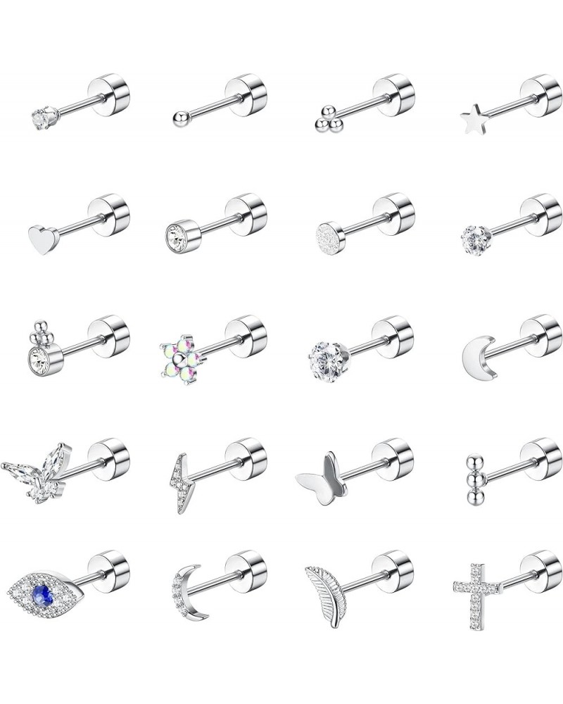 20Pcs Stainless Steel Flat Back Earrings for Women Men 20G Small Cartilage Stud Earrings Hypoallergenic CZ Butterfly Heart Ey...