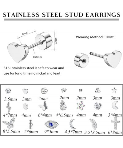 20Pcs Stainless Steel Flat Back Earrings for Women Men 20G Small Cartilage Stud Earrings Hypoallergenic CZ Butterfly Heart Ey...