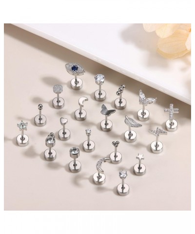 20Pcs Stainless Steel Flat Back Earrings for Women Men 20G Small Cartilage Stud Earrings Hypoallergenic CZ Butterfly Heart Ey...