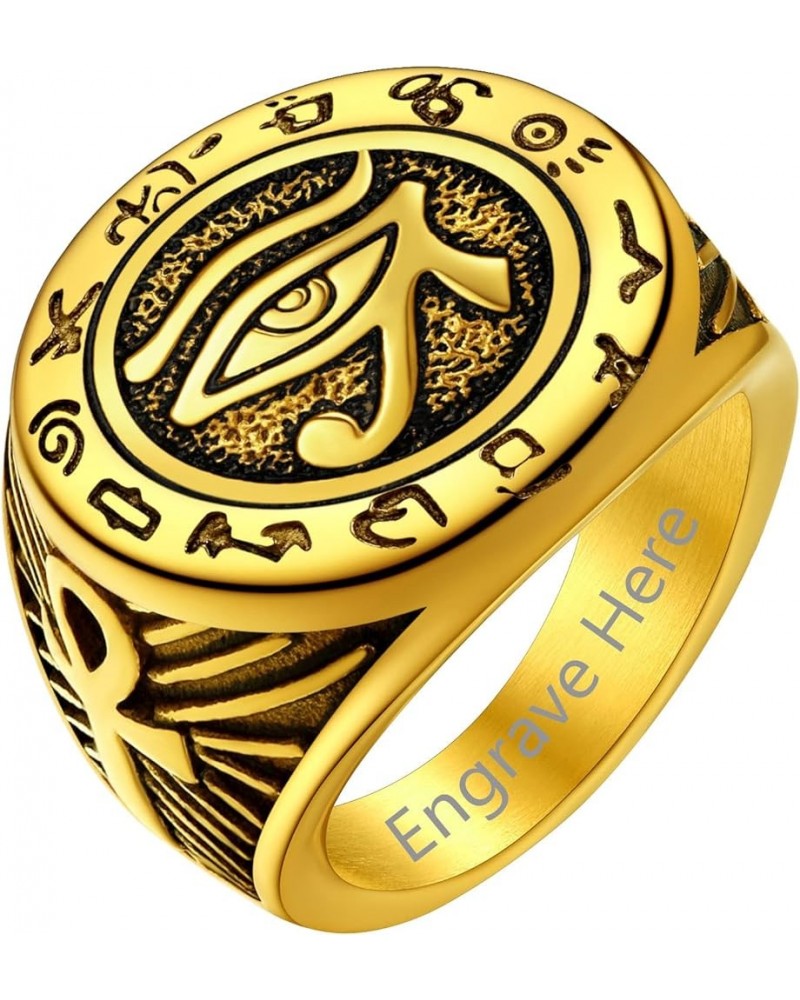 Can Engrave Men Ancient Egyptian Eye of Ra horus Ankh Cross Ring, Size 7- 14, Stainless Steel/Gold Plated/Black (Send Gift Bo...