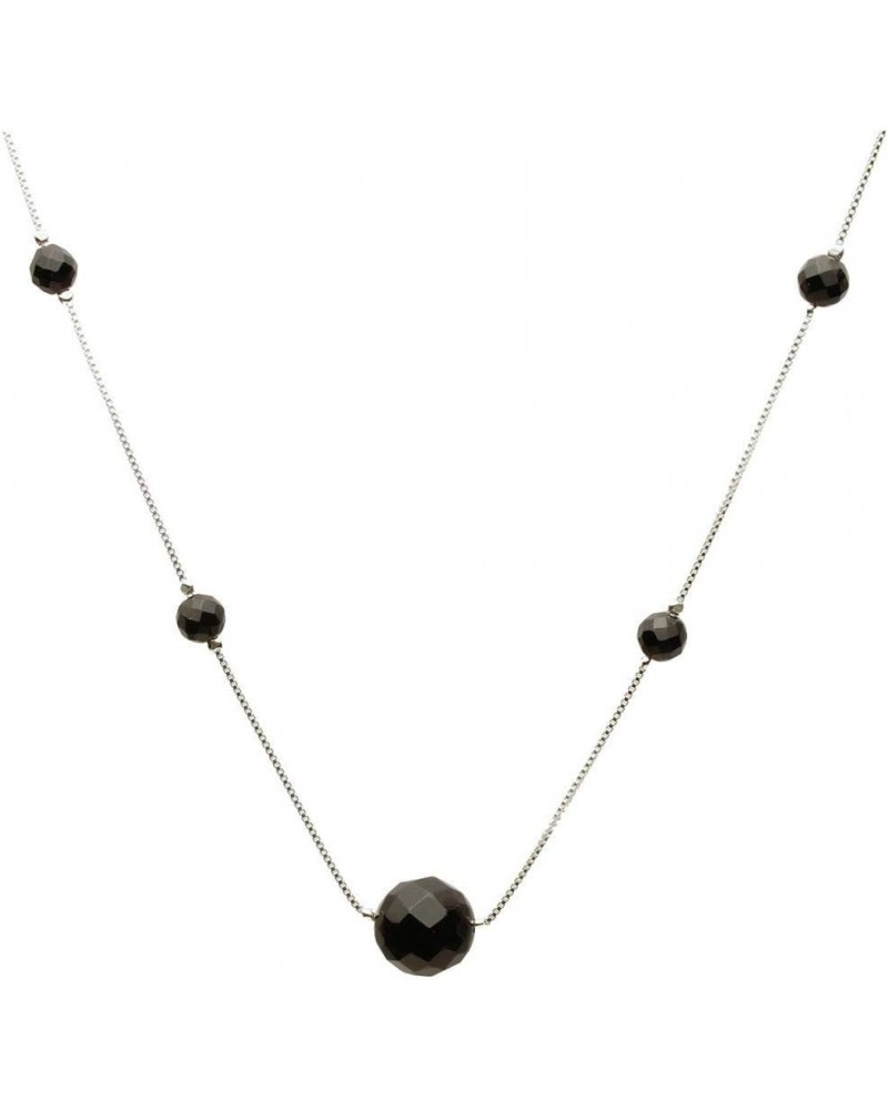 Black Onyx Stone Beads Station Scatter Sterling Silver Box Chain Necklace Adjustable 16 inches $12.69 Necklaces