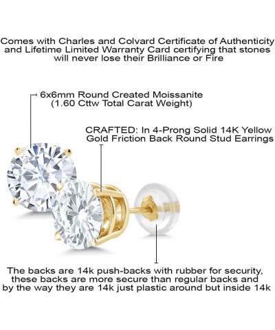 14K Yellow Gold White Moissanite from Charles & Colvard 4 Prong Stud Earrings For Women (1.60 Cttw, Round 6MM) $70.50 Earrings