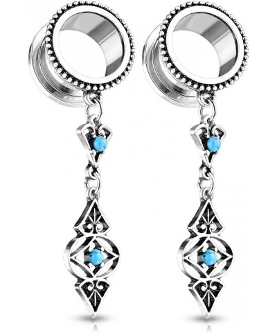 Antique Silver Plated Tribal Dangling Turquoise Charms Screw Fit Tunnel Plugs, Sold as Pair 14mm (9/16") $9.87 Body Jewelry