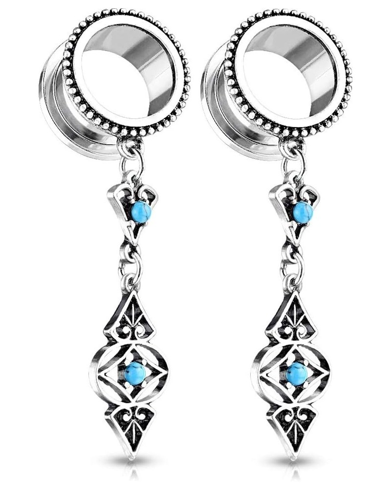 Antique Silver Plated Tribal Dangling Turquoise Charms Screw Fit Tunnel Plugs, Sold as Pair 14mm (9/16") $9.87 Body Jewelry