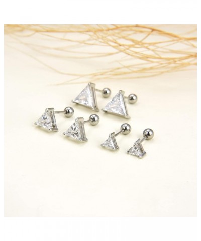 3 Pairs Surgical Stainless Steel Screw Back Stud Earrings, Heart Square Princess Cut Horse Eye Teardrop Triangle Cubic Zircon...