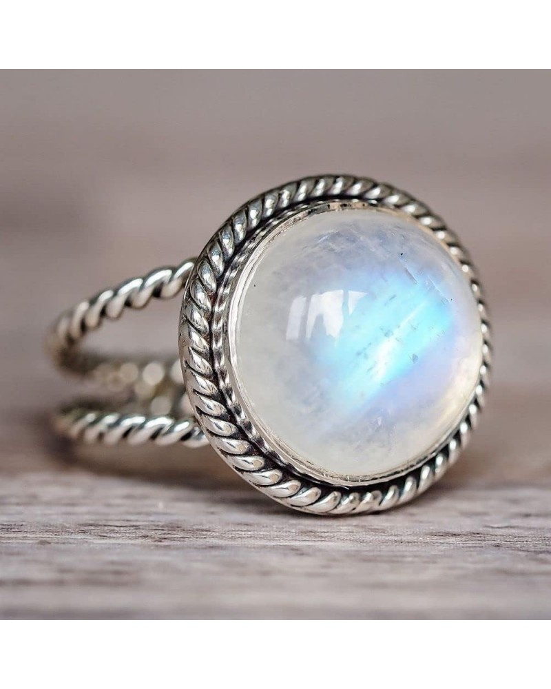 Natural Moonstone 925 Sterling Silver Victorian Style Solitaire Ring Round Rainbow Moonstone Birthstone Ring for Women Gift M...