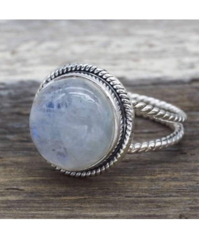 Natural Moonstone 925 Sterling Silver Victorian Style Solitaire Ring Round Rainbow Moonstone Birthstone Ring for Women Gift M...