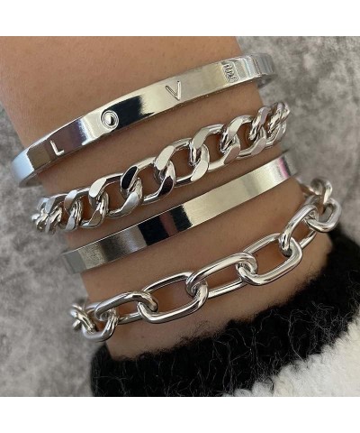 4PCS Bracelet Chunky Link Gold Open Cuff Wrap LOVE Bangle Multiple Boho Bracelet Coin Charm Set for Women and Girls Gift silv...