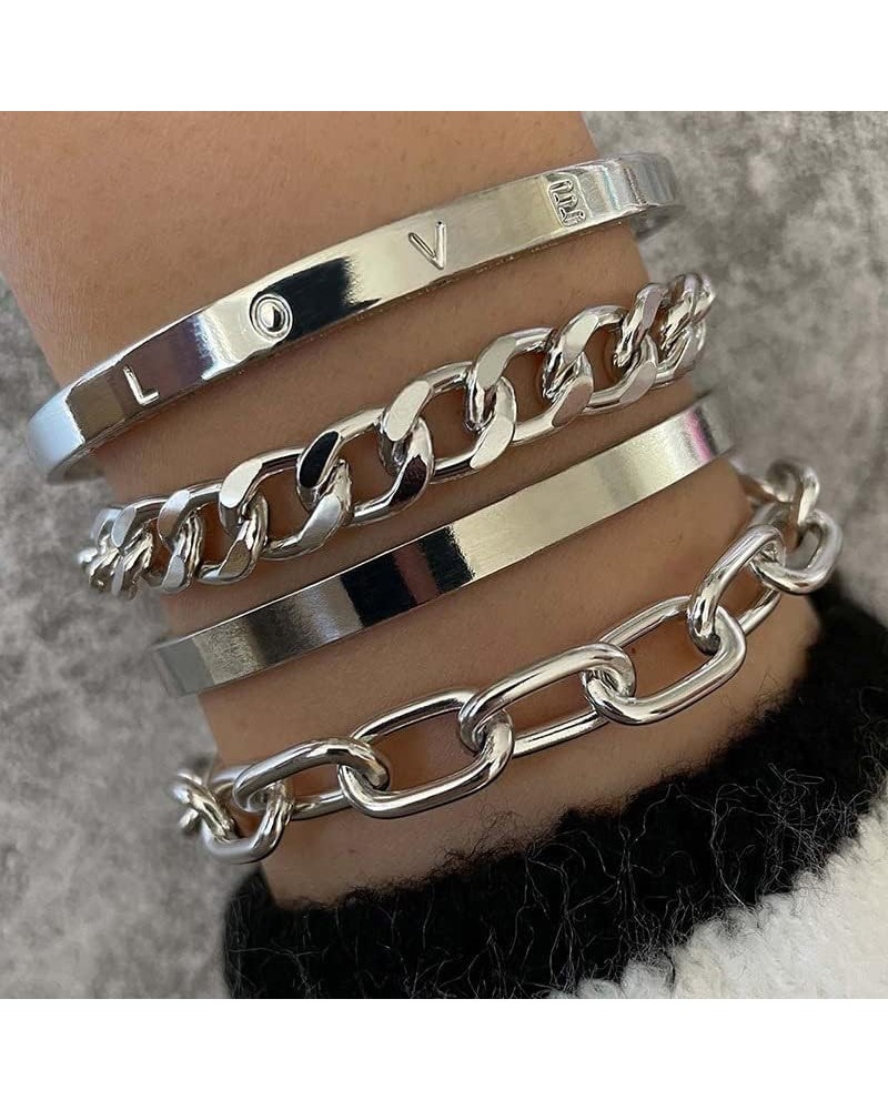 4PCS Bracelet Chunky Link Gold Open Cuff Wrap LOVE Bangle Multiple Boho Bracelet Coin Charm Set for Women and Girls Gift silv...