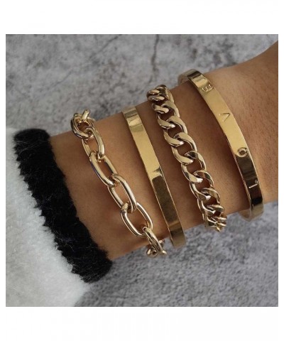 4PCS Bracelet Chunky Link Gold Open Cuff Wrap LOVE Bangle Multiple Boho Bracelet Coin Charm Set for Women and Girls Gift silv...