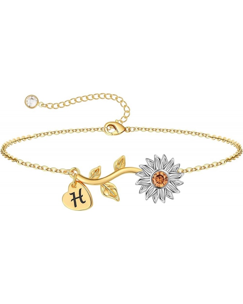 Sunflower Gifts for Girls Women - Sunflower Initial Bracelets, 14K Gold Plated Bracelet | Delicate Sunflower Jewelry | Heart ...