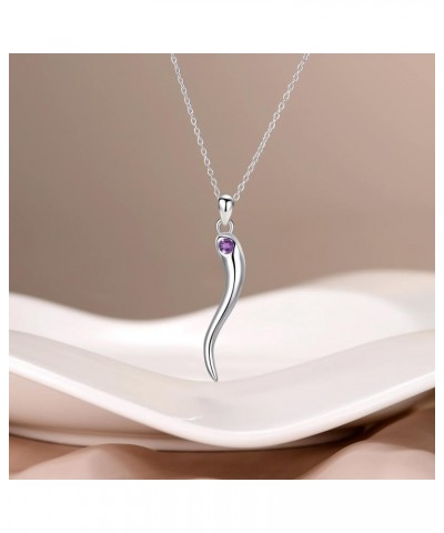 Italian Horn Pendant Necklace for women Horn Necklace Silver With Jan-Dec Simulated Birthstone For Her Horn Pendant Necklace ...