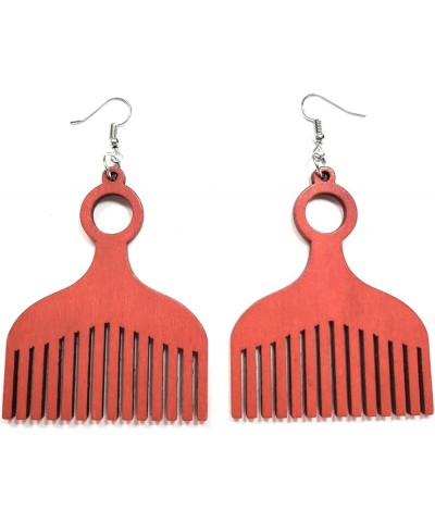 African Nubian Afrocentric Afro Pick Comb Style Women Hair Wood Natural Colorful Drop Dangle Earrings Red $7.50 Earrings